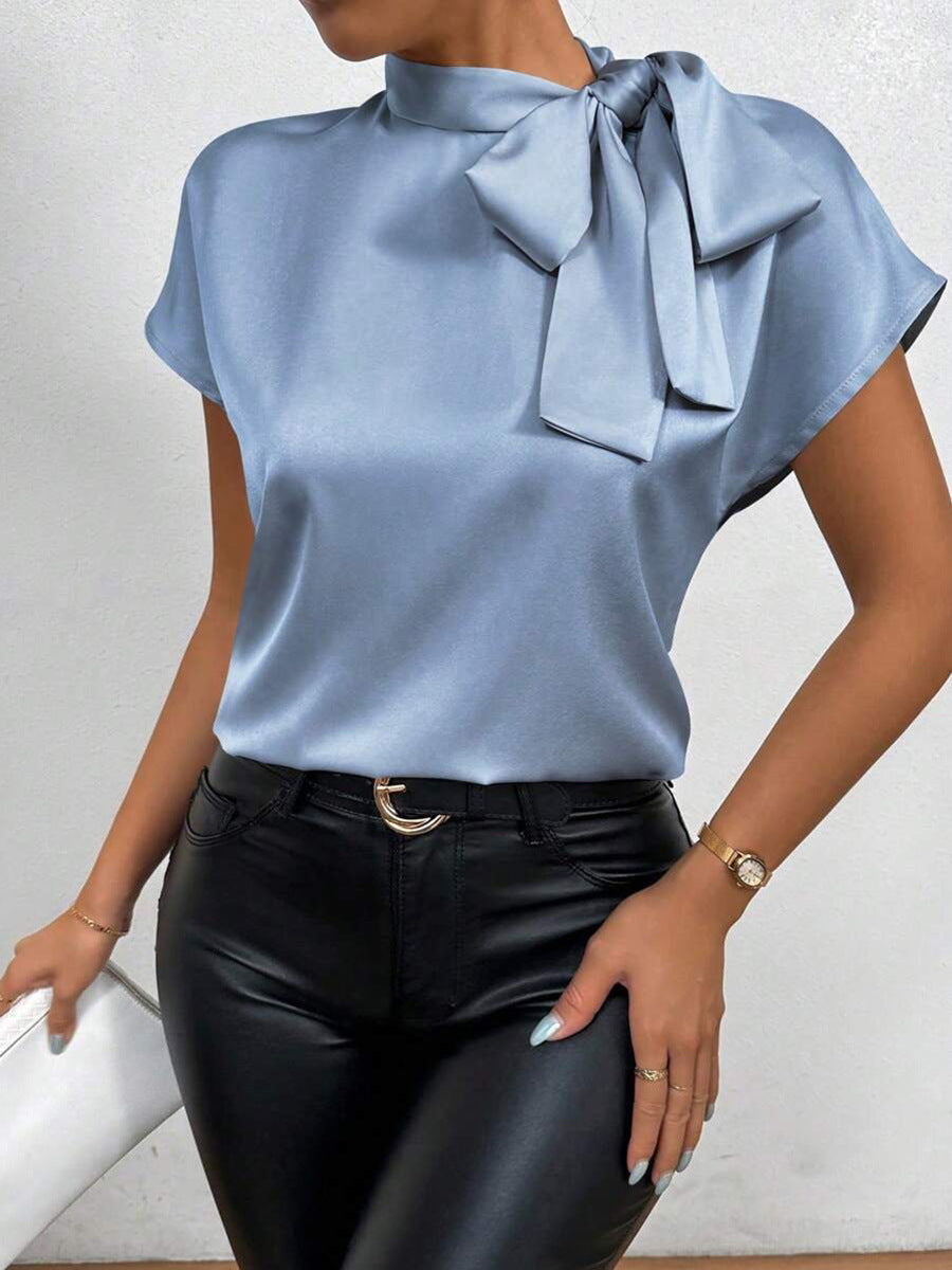 Women’s Satin Bow-Neck Blouse – Elegant Short-Sleeve Style for Office and Evening Wear