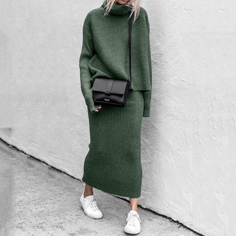 Women’s Ribbed Roll-Neck Skirt Co-Ord – Relaxed Long-Sleeve Jumper with Straight Long Skirt for Autumn and Winter