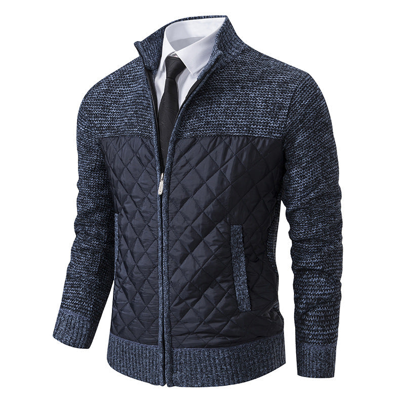 Men’s Knitted Hybrid Jacket – Diamond-Quilted Front with Stand Collar