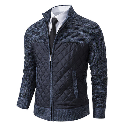 Men’s Knitted Hybrid Jacket – Diamond-Quilted Front with Stand Collar