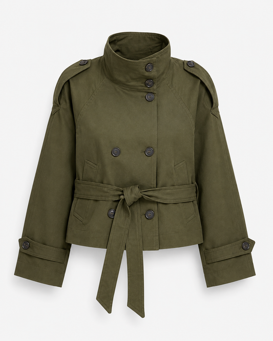 Women’s Cropped Trench Jacket – Double-Breasted Belted Layer for Smart Daywear