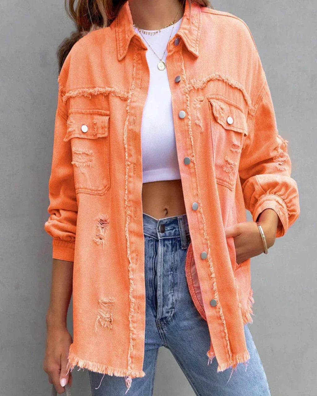 Women’s Distressed Oversized Denim Jacket – Raw-Edge Button-Front Layer with Utility Chest Pockets