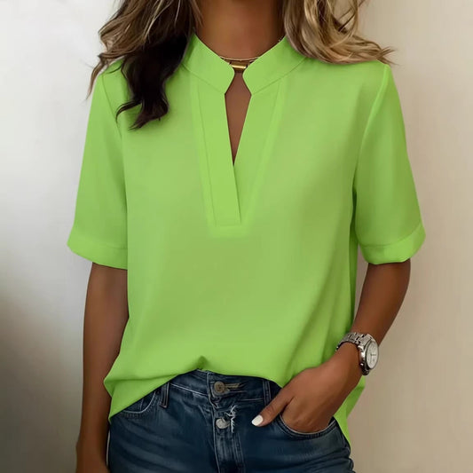 Women’s Elegant Blouse – Stand Collar with Turn-Back Short Sleeves
