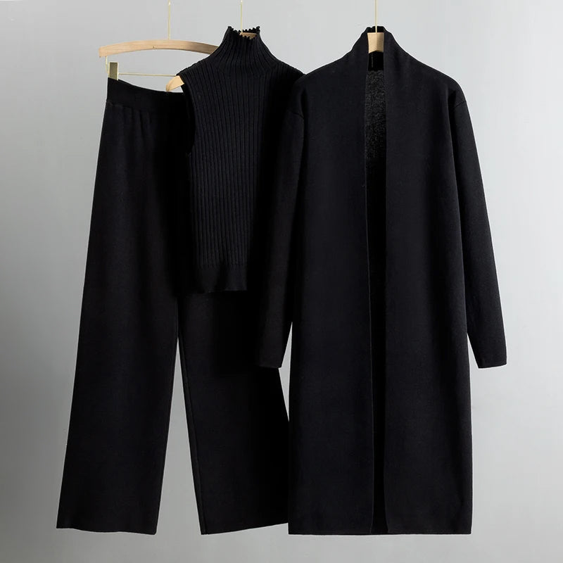 Women’s Three-Piece Knit Lounge Set – Sleeveless High-Neck Top Longline Cardigan and Wide-Leg Trousers for Autumn and Winter