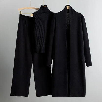 Women’s Three-Piece Knit Lounge Set – Sleeveless High-Neck Top Longline Cardigan and Wide-Leg Trousers for Autumn and Winter