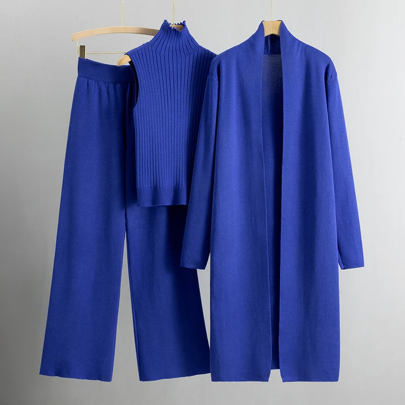 Women’s Three-Piece Knit Lounge Set – Sleeveless High-Neck Top Longline Cardigan and Wide-Leg Trousers for Autumn and Winter
