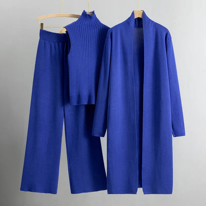 Women’s Three-Piece Knit Lounge Set – Sleeveless High-Neck Top Longline Cardigan and Wide-Leg Trousers for Autumn and Winter
