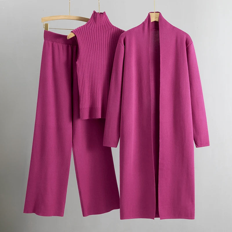 Women’s Three-Piece Knit Lounge Set – Sleeveless High-Neck Top Longline Cardigan and Wide-Leg Trousers for Autumn and Winter