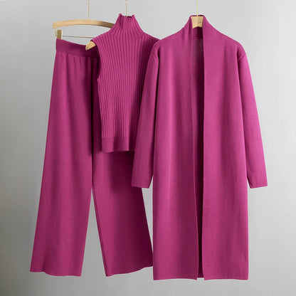 Women’s Three-Piece Knit Lounge Set – Sleeveless High-Neck Top Longline Cardigan and Wide-Leg Trousers for Autumn and Winter