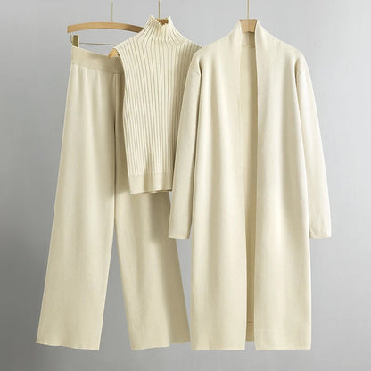 Women’s Three-Piece Knit Lounge Set – Sleeveless High-Neck Top Longline Cardigan and Wide-Leg Trousers for Autumn and Winter