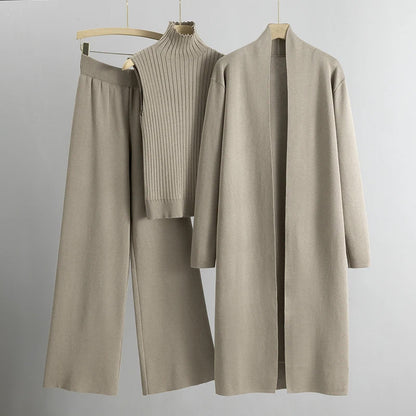 Women’s Three-Piece Knit Lounge Set – Sleeveless High-Neck Top Longline Cardigan and Wide-Leg Trousers for Autumn and Winter