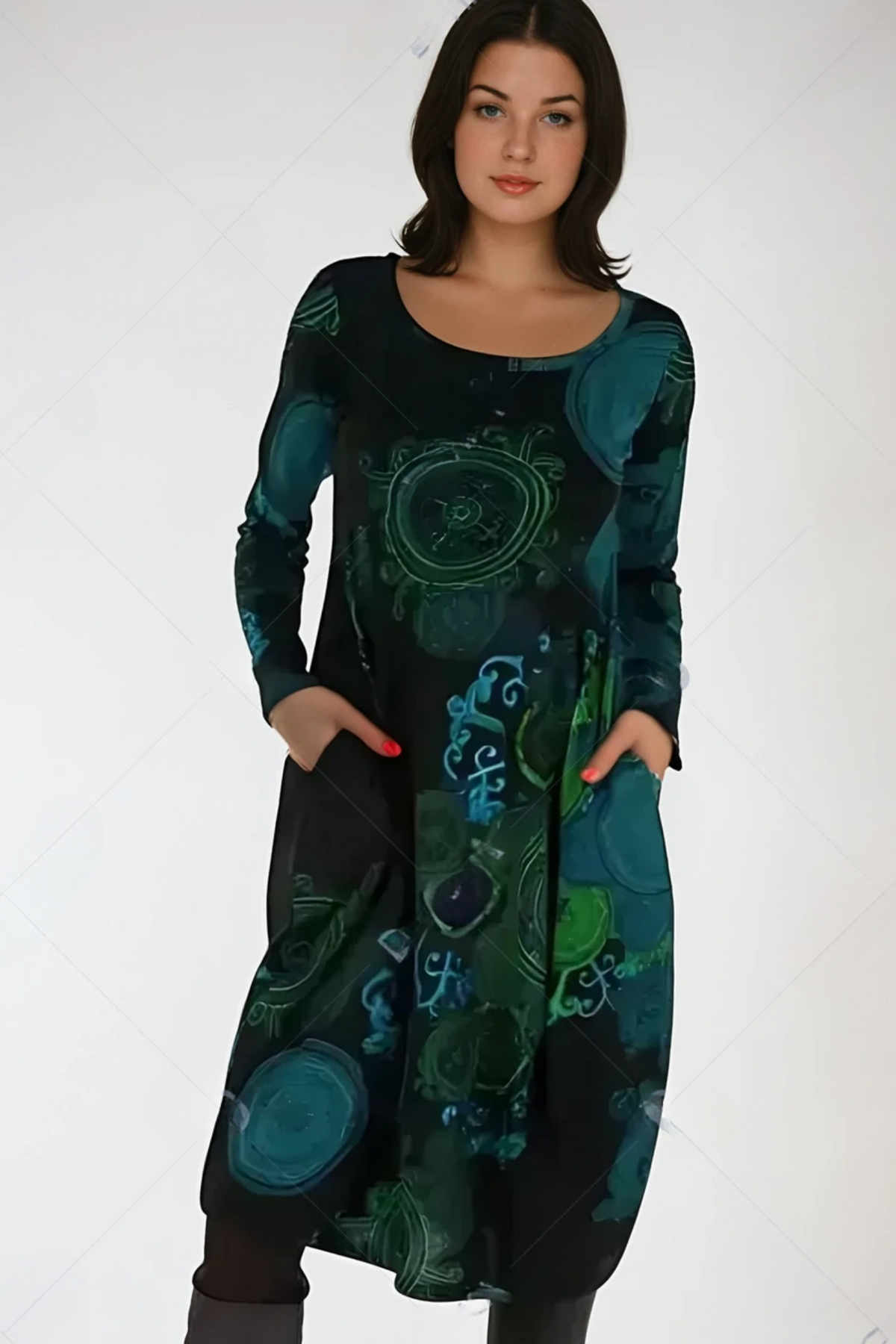 Women’s Midi Dress – All-Over Print with Patch Pockets and Long Sleeves
