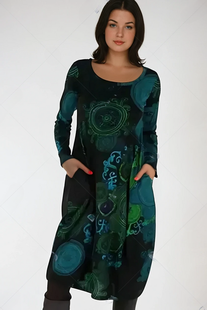 Women’s Midi Dress – All-Over Print with Patch Pockets and Long Sleeves
