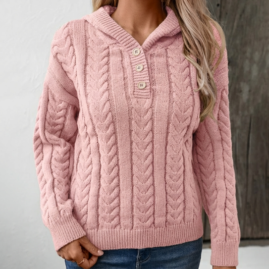 Women’s Cable-Knit Jumper – Hooded with Button Placket