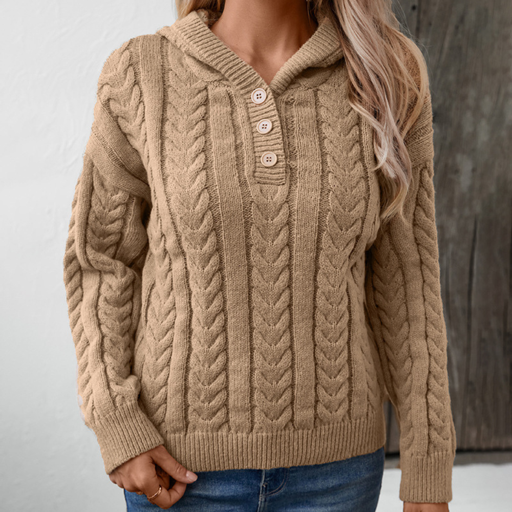 Women’s Cable-Knit Jumper – Hooded with Button Placket