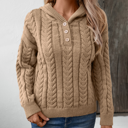 Women’s Cable-Knit Jumper – Hooded with Button Placket