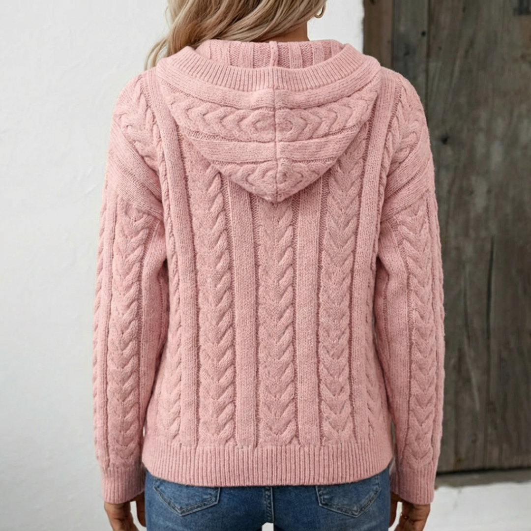Women’s Cable-Knit Jumper – Hooded with Button Placket