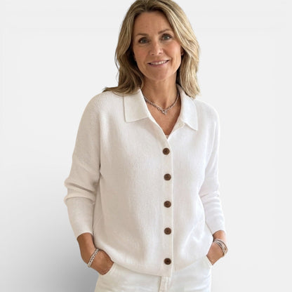 Women’s Knitted Blouse – Polo Collar Top with Full Button Placket