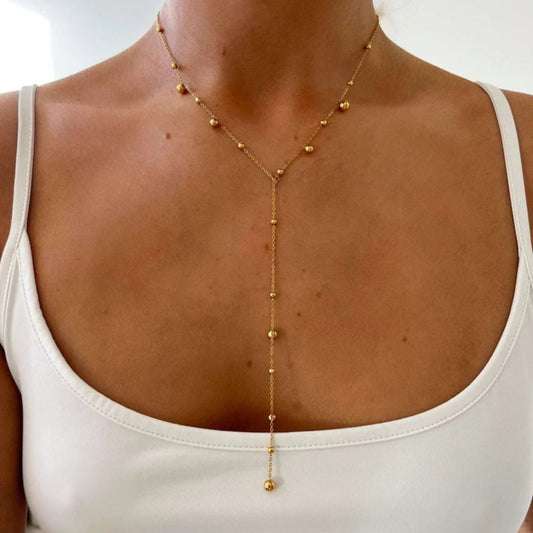 Women’s Gold-Tone Y Necklace – Stainless Steel Beaded Drop Chain for Layered Everyday and Evening Styling