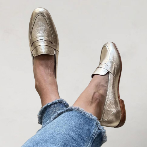 Women’s Gold Loafers – Penny Strap Slip-On Flats