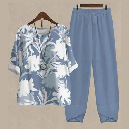 Women’s Two-Piece Set – Butterfly-Print Tunic with Elasticated-Waist Trousers