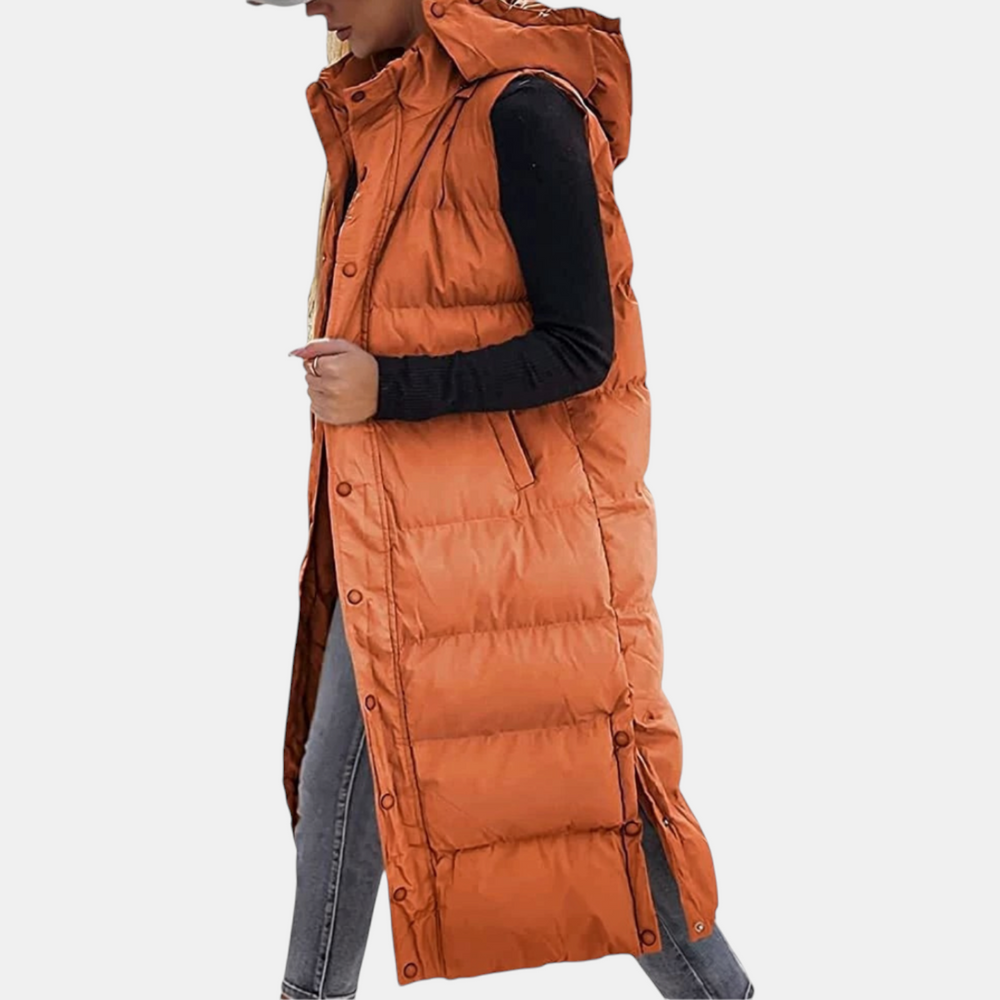 Women’s Longline Quilted Gilet – Hooded Sleeveless Padded Coat