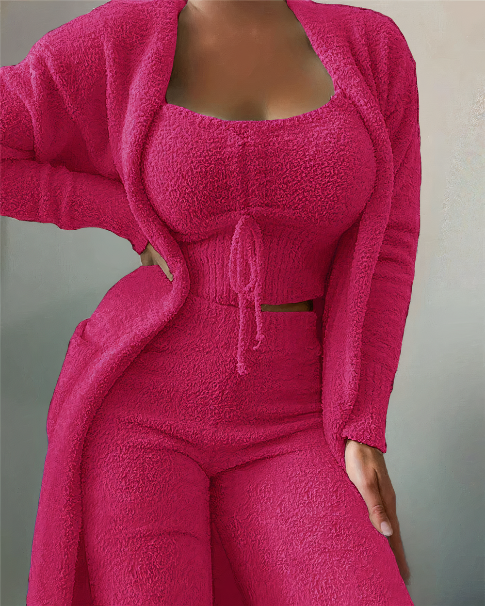Women’s Plush Fleece Lounge Co-Ord – Cropped Top Open Cardigan and Relaxed Trousers for Cosy Homewear