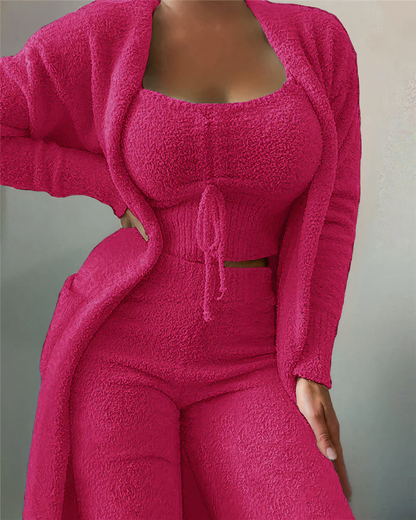 Women’s Plush Fleece Lounge Co-Ord – Cropped Top Open Cardigan and Relaxed Trousers for Cosy Homewear