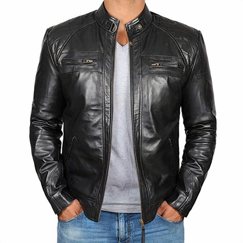 Men’s Leather Moto Jacket – Buckled Band-Collar Layer for Weekend and City Wear