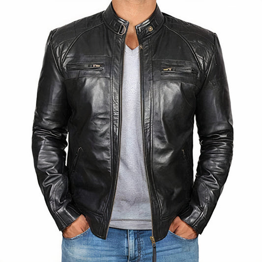 Men’s Leather Moto Jacket – Buckled Band-Collar Layer for Weekend and City Wear
