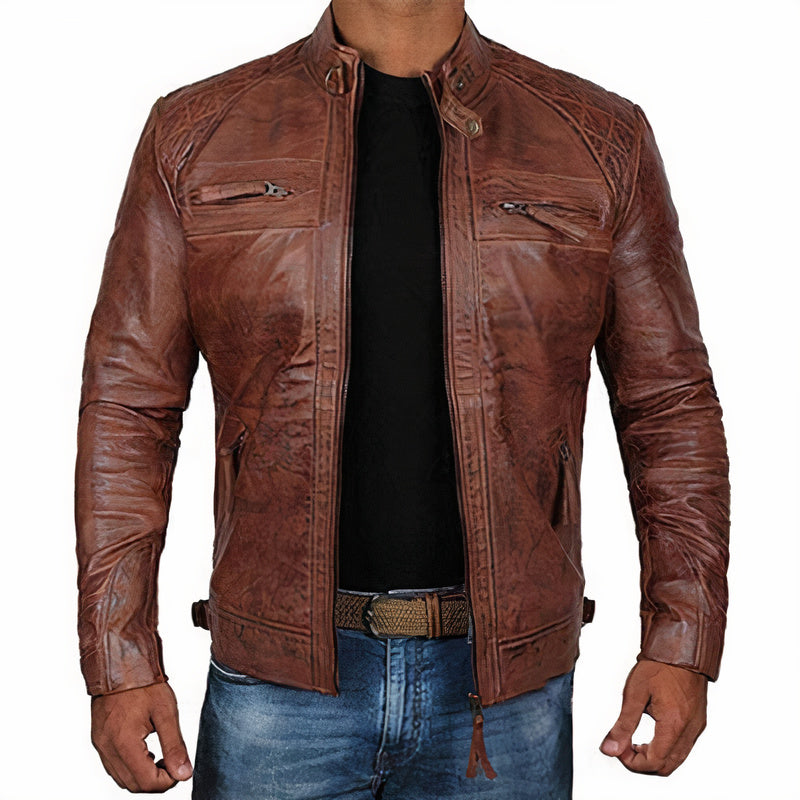 Men’s Leather Moto Jacket – Buckled Band-Collar Layer for Weekend and City Wear