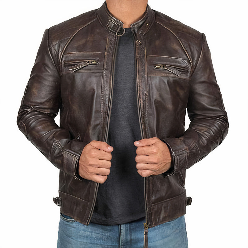 Men’s Leather Moto Jacket – Buckled Band-Collar Layer for Weekend and City Wear