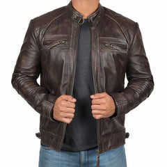 Men’s Leather Moto Jacket – Buckled Band-Collar Layer for Weekend and City Wear