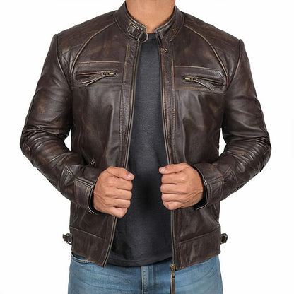 Men’s Leather Moto Jacket – Buckled Band-Collar Layer for Weekend and City Wear