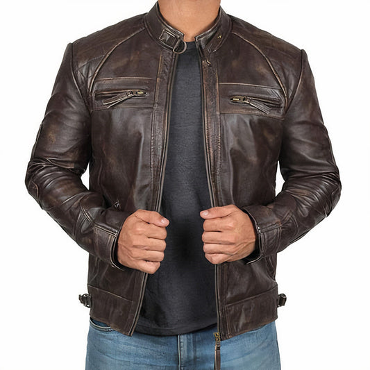 Men’s Leather Moto Jacket – Buckled Band-Collar Layer for Weekend and City Wear