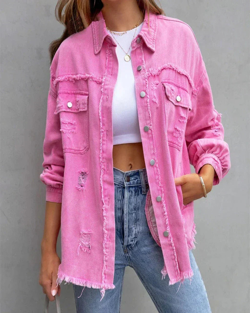 Women’s Distressed Oversized Denim Jacket – Raw-Edge Button-Front Layer with Utility Chest Pockets