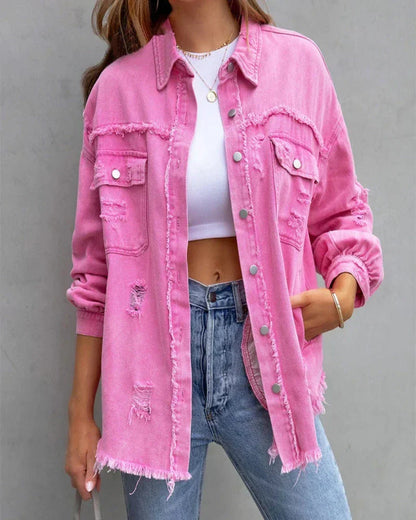 Women’s Distressed Oversized Denim Jacket – Raw-Edge Button-Front Layer with Utility Chest Pockets
