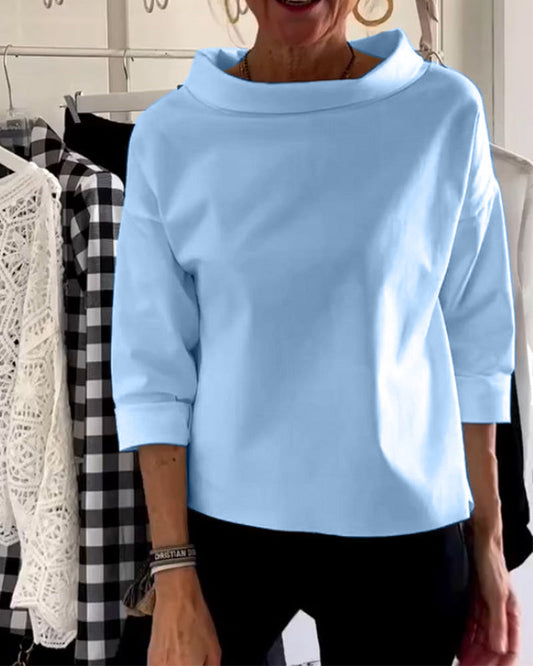 Women’s Fold-Over Neck Blouse – Relaxed Three-Quarter Sleeve Style for Office and Everyday Wear