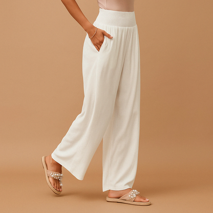 Women’s Wide-Leg Trousers with Shirred Waist – Relaxed Summer Style for Travel and Everyday Wear