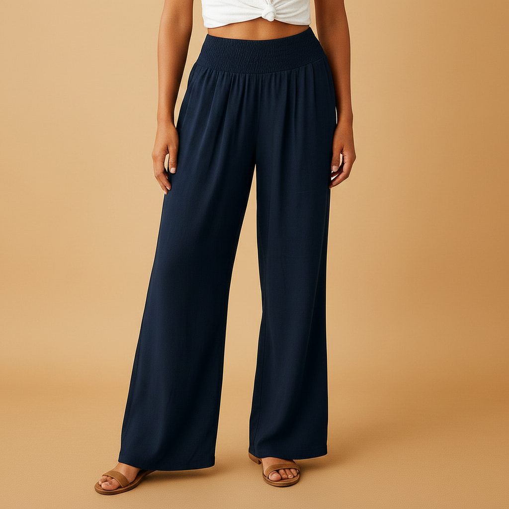 Women’s Wide-Leg Trousers with Shirred Waist – Relaxed Summer Style for Travel and Everyday Wear