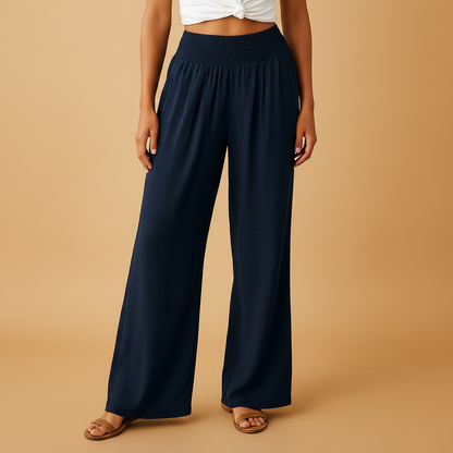 Women’s Wide-Leg Trousers with Shirred Waist – Relaxed Summer Style for Travel and Everyday Wear