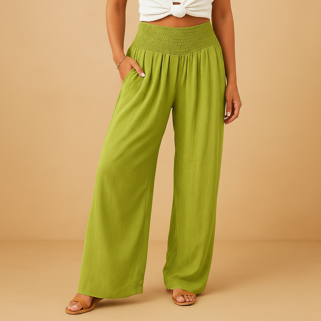 Women’s Wide-Leg Trousers with Shirred Waist – Relaxed Summer Style for Travel and Everyday Wear