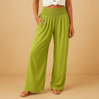 Women’s Wide-Leg Trousers with Shirred Waist – Relaxed Summer Style for Travel and Everyday Wear