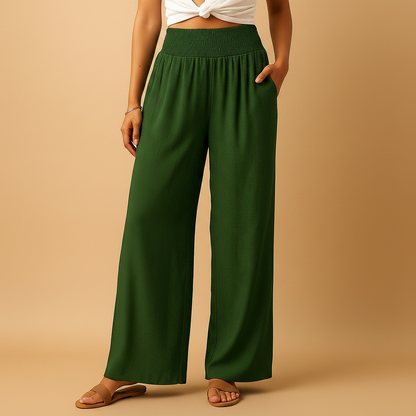 Women’s Wide-Leg Trousers with Shirred Waist – Relaxed Summer Style for Travel and Everyday Wear