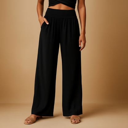 Women’s Wide-Leg Trousers with Shirred Waist – Relaxed Summer Style for Travel and Everyday Wear