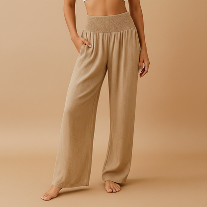 Women’s Wide-Leg Trousers with Shirred Waist – Relaxed Summer Style for Travel and Everyday Wear