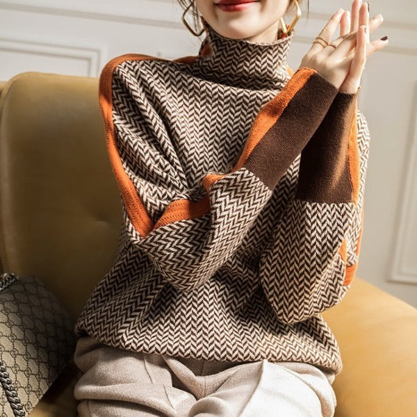 Women’s Oversized Roll-Neck Jumper – Contrast Stripe with Fold-Over Collar
