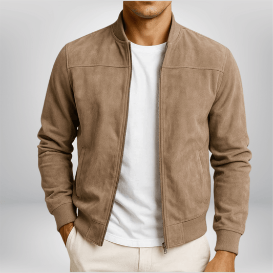 Men’s Suede Leather Bomber Jacket – Slim-Fit Zip-Up Layer for Smart Casual Wear
