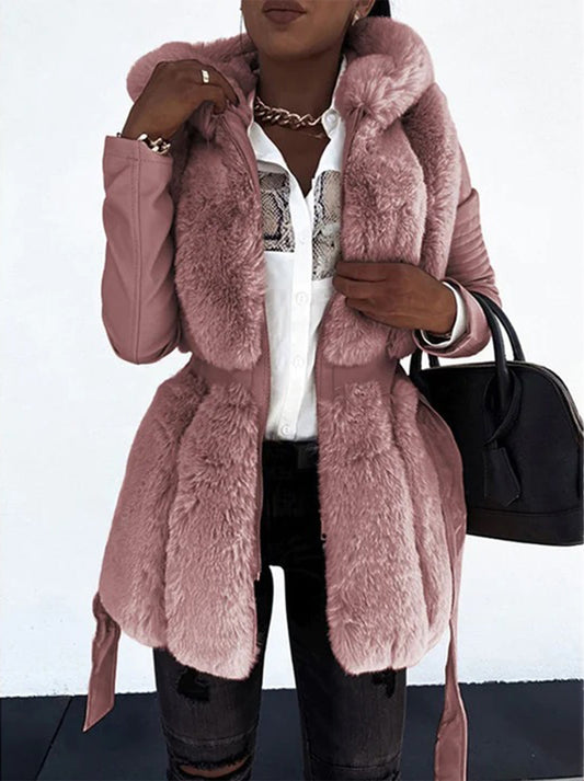 Women’s Faux Fur Trimmed Winter Jacket – Belted Longline Layer with Plush Detailing