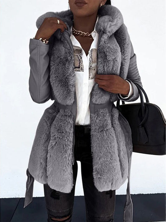 Women’s Faux Fur Trimmed Winter Jacket – Belted Longline Layer with Plush Detailing